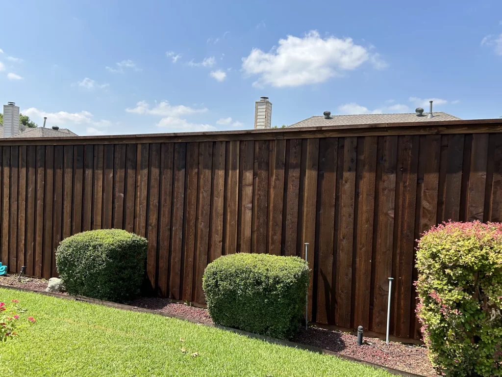 Finished 8 ft cedar fence in Mansfield, TX running behind established landscaping in a residential backyard