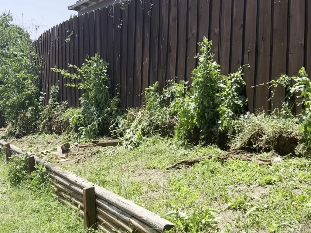 Eroded slope and overgrowth along the fence line before retaining wall work in Haltom City, TX