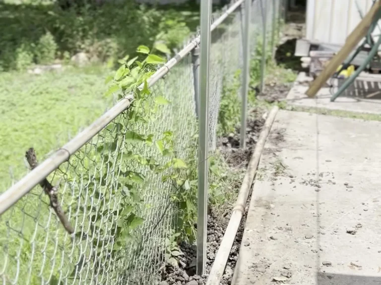 New fence posts standing along an old chain link line before metal panels are installed in Fort Worth, TX