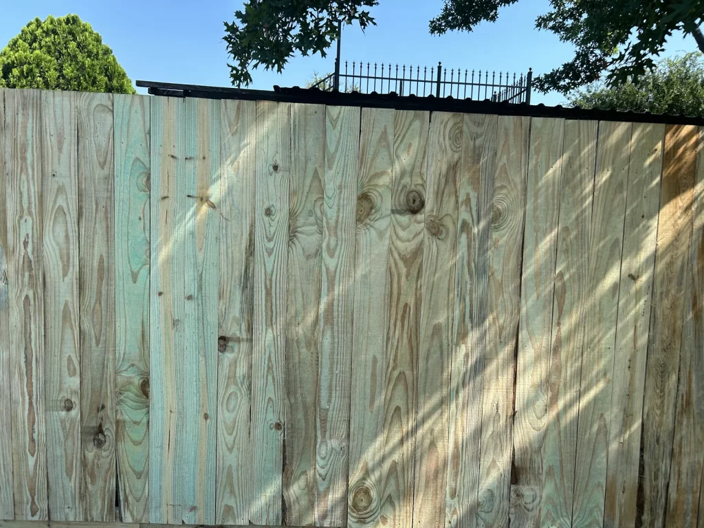 Close view of pressure treated pine pickets on a new privacy fence in Venus, TX