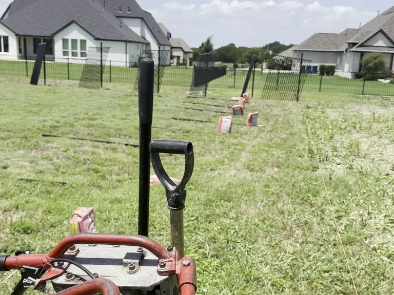 Post holes drilled along the line for a new wrought iron fence in Allen, TX, with black iron posts already set behind