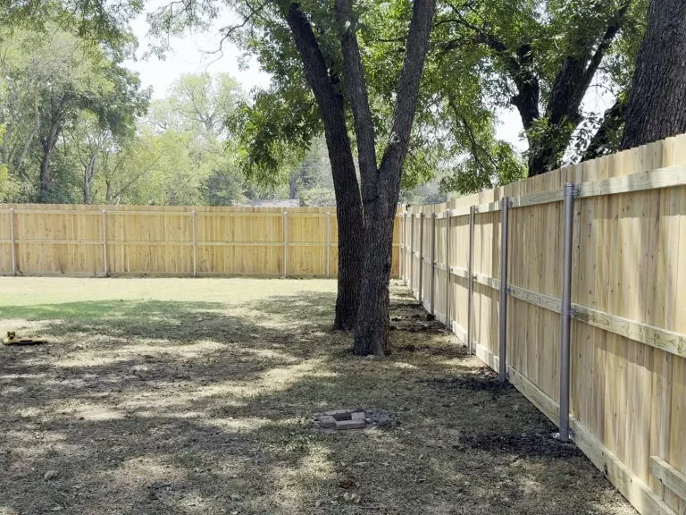 Cedar privacy fence running past mature pecan trees in Fort Worth, TX 76114